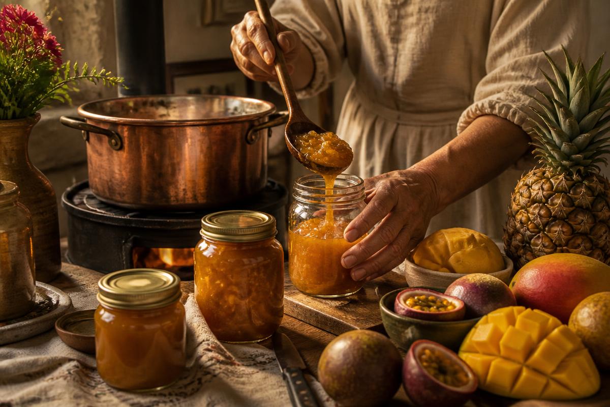 Mãos preparando geleia artesanal em tacho de cobre